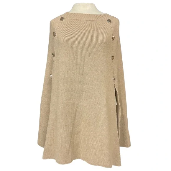 Modena Chic One Size Crew Neck Knit Pullover Cape in Light Caramel Tan - Picture 2 of 8